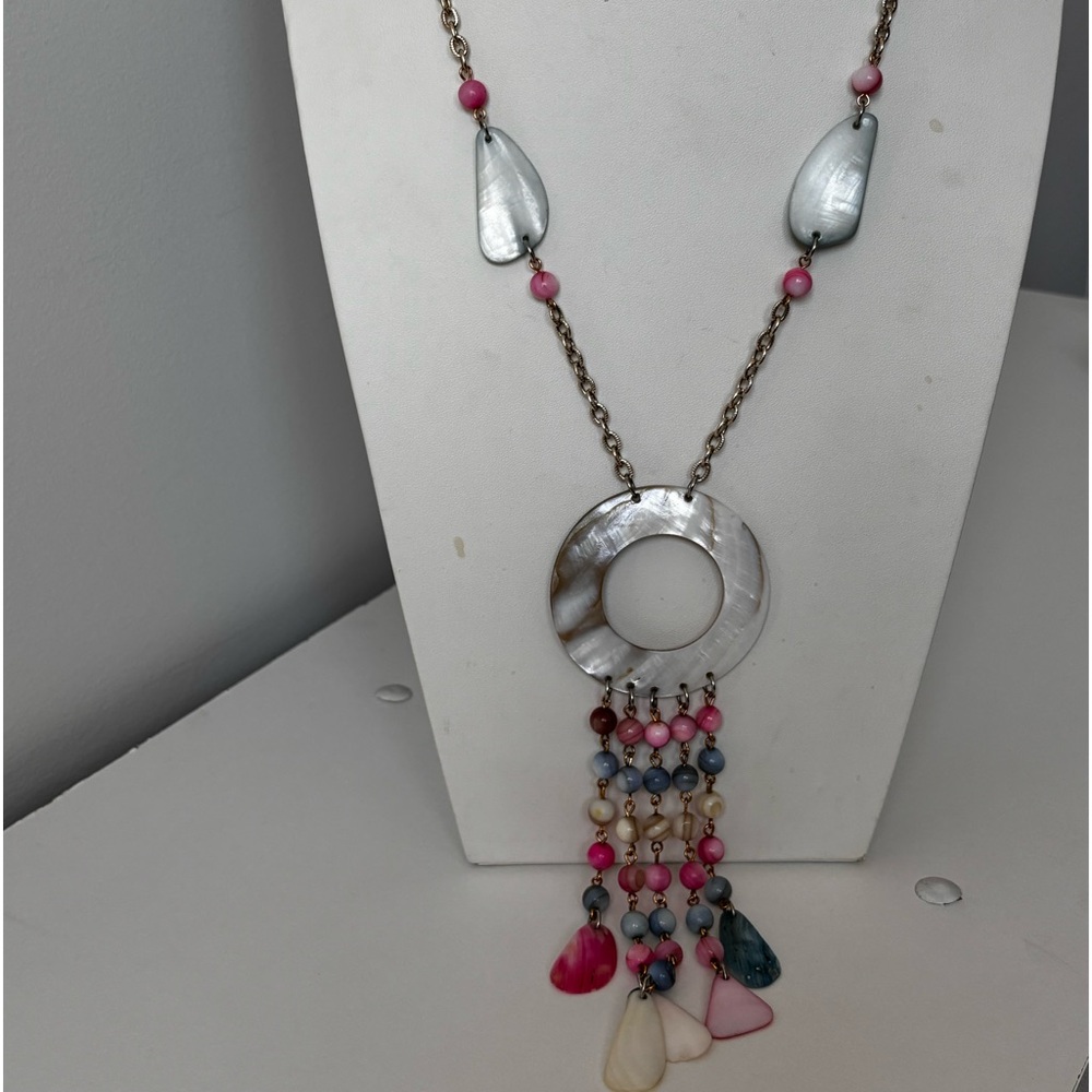 Dangling colorful beaded pendant necklace/ gold tone/ lengthy chain